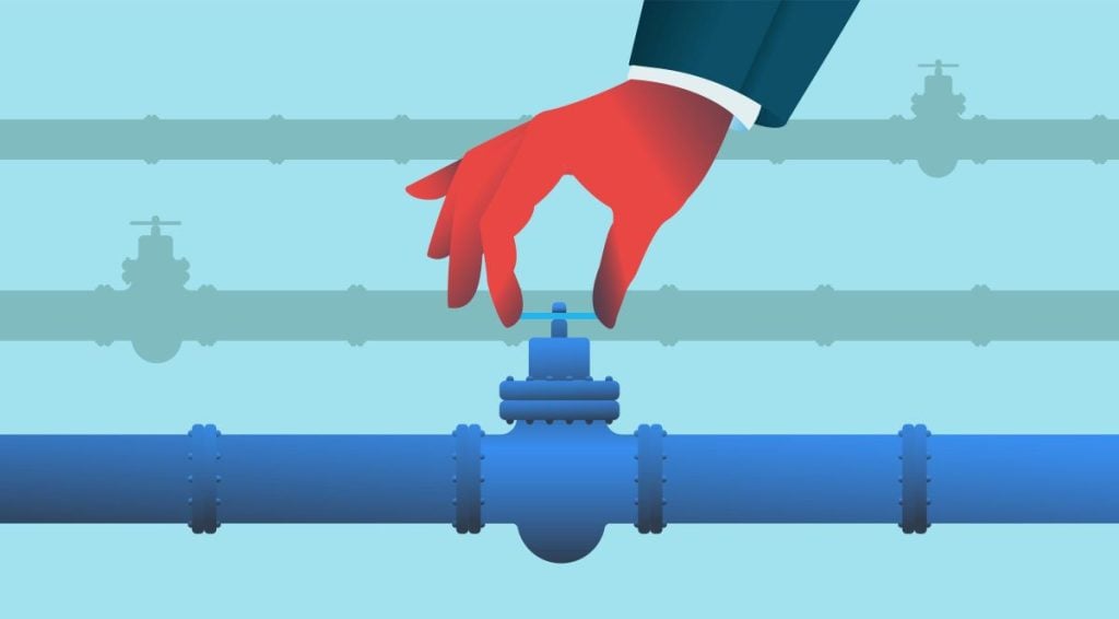 Illustration of a hand adjusting a pipeline valve, representing control and trust in data systems.